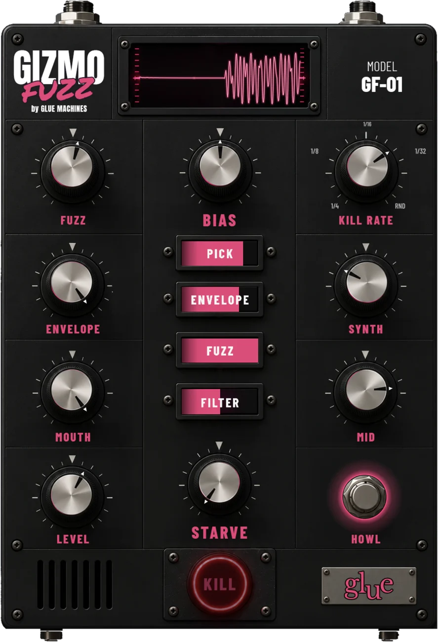 The Gizmo Fuzz plug-in window: a black pedal face with nine chrome knobs, a waveform screen, HOWL and KILL.